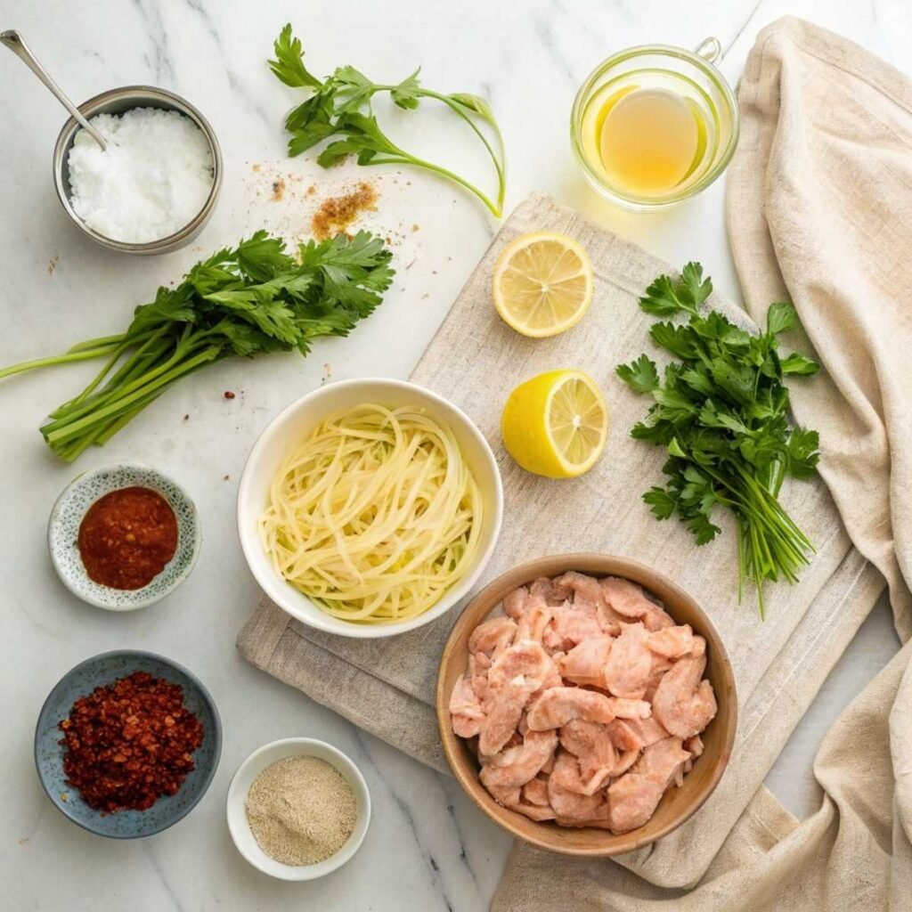 Fresh ingredients for Cowboy Butter Chicken Linguine including linguine, chicken breast, fresh garlic, and red pepper flakes arranged on a modern marble surface.