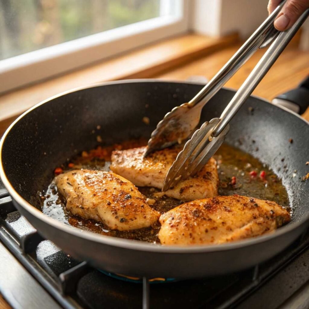 Searing seasoned chicken for Cowboy Butter Chicken Linguine - step 1 showing golden browning and paprika-garlic spice coating.