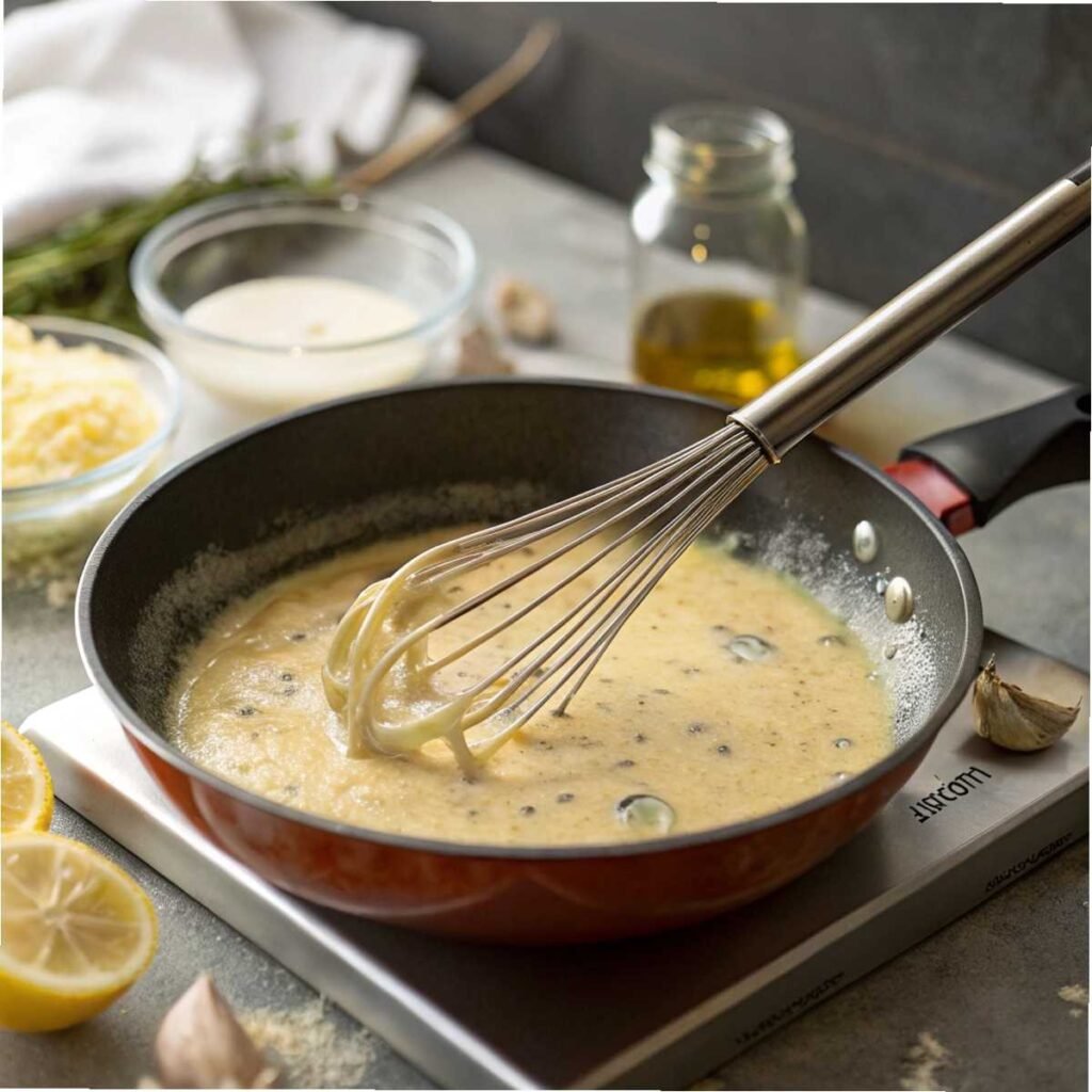 Whisking cowboy butter sauce for Cowboy Butter Chicken Linguine - step 2 showing garlic bits, butter swirls, and lemon-Dijon aroma.