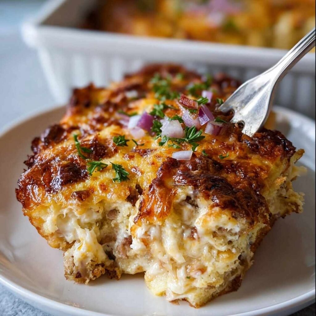 Crack Breakfast Casserole on a marble surface, showcasing its golden-browned cheese crust with sausage and melted cheddar inside.