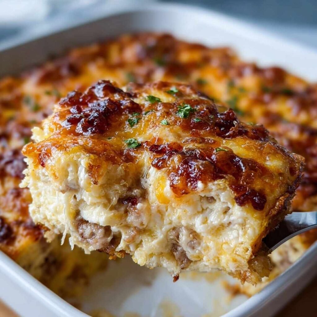 Close-up of Crack Breakfast Casserole showing creamy sausage layers and golden cheddar topping, garnished with parsley on a ceramic dish.