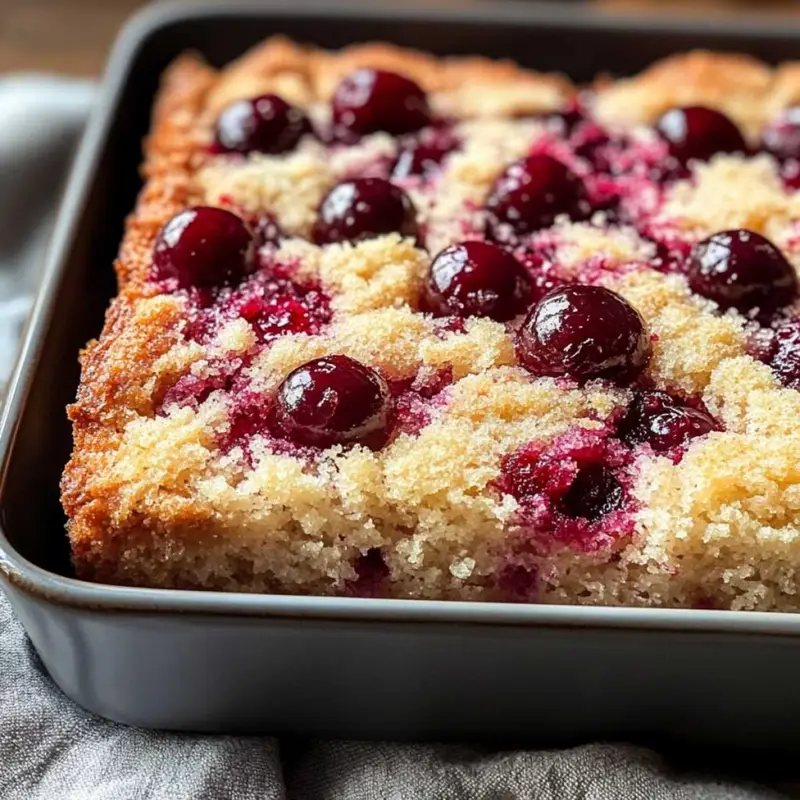 Close-up of Old Fashioned Cranberry Coffee Cake showing moist crumb texture and golden cinnamon streusel, topped with juicy baked cranberries in a pan.