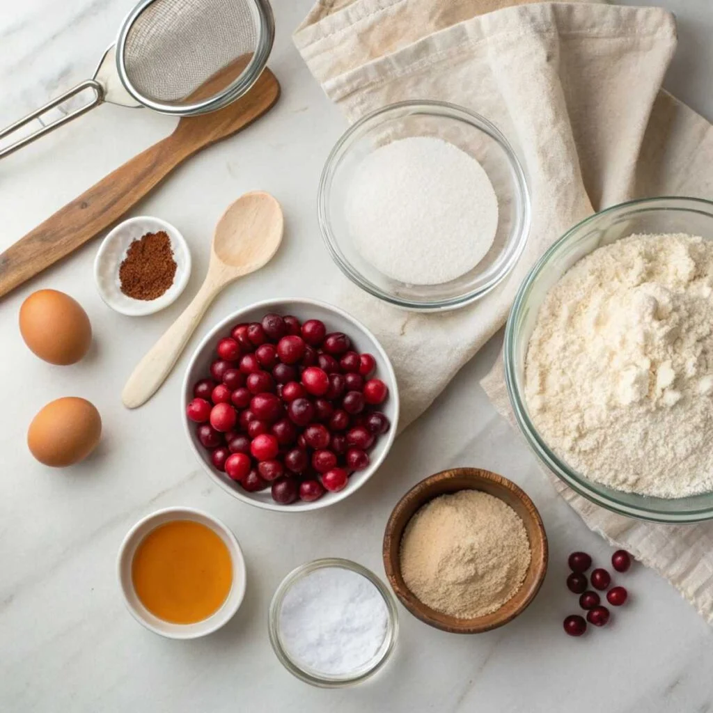 Fresh ingredients for Old Fashioned Cranberry Coffee Cake including cranberries, Greek yogurt, orange zest, and flour arranged on a modern marble surface.