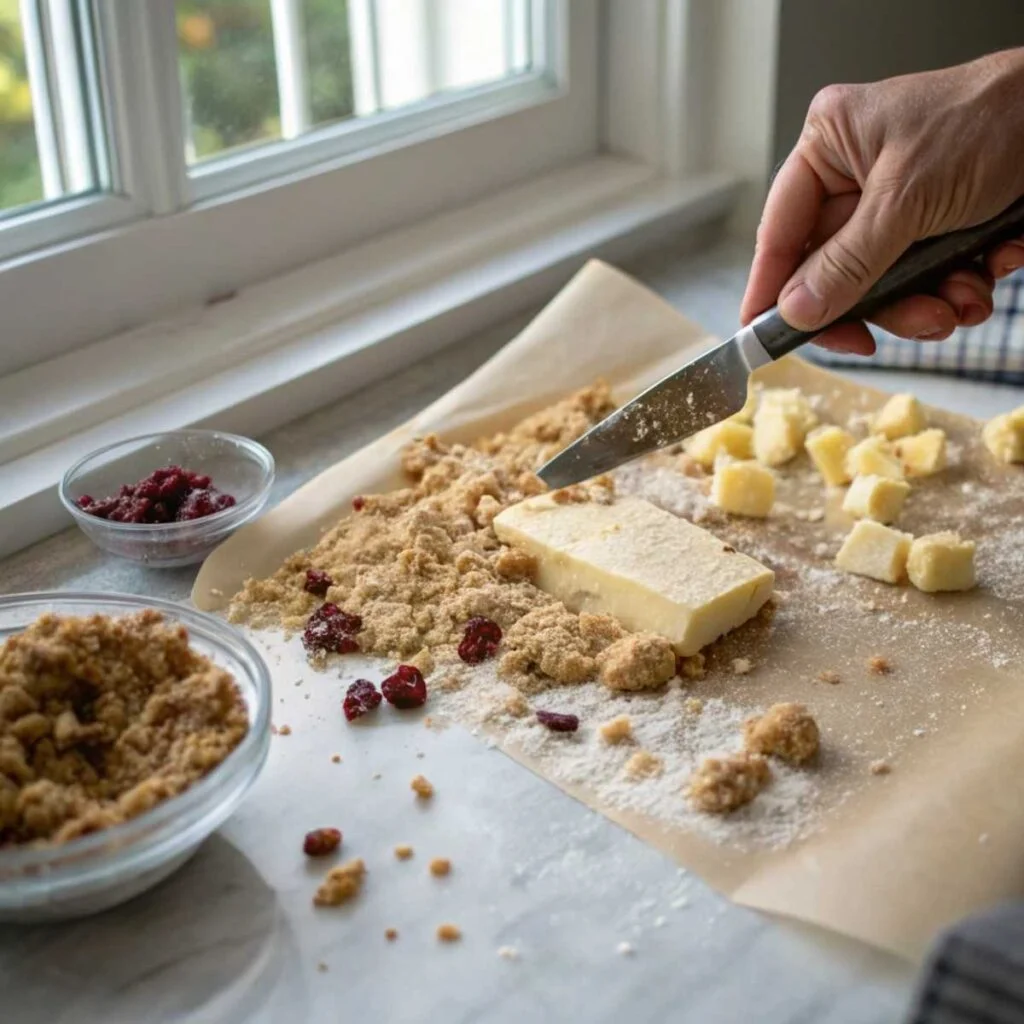 Cutting cold butter into flour and brown sugar for Old Fashioned Cranberry Coffee Cake - step 1 showing crumbly streusel texture.