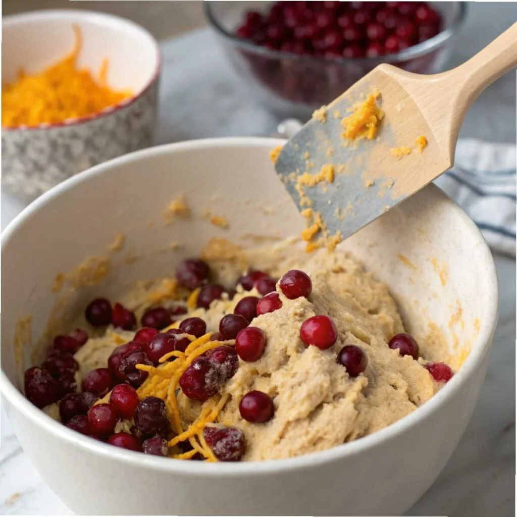 Folding fresh cranberries and orange zest into coffee cake batter - step 2 for Old Fashioned Cranberry Coffee Cake with visible zest and berries.