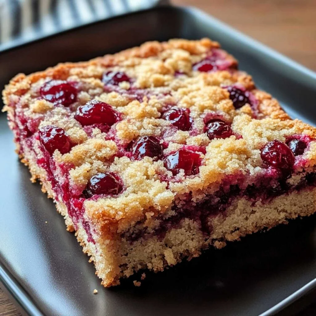 Old Fashioned Cranberry Coffee Cake on a modern marble countertop, showcasing its golden cinnamon streusel topping with fresh cranberries visible.
