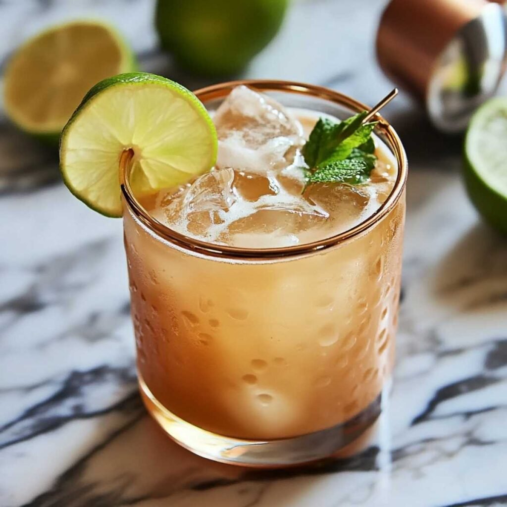 Easy Kentucky Mule served over crushed ice in a copper-rimmed glass with fresh lime slice and mint sprig on marble countertop.