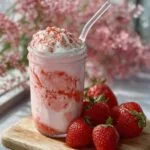 Close-up of Korean Strawberry Milk showing creamy swirls, whipped cream topping, and fresh strawberries on a wooden board.