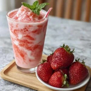 Easy Korean Strawberry Milk on a modern marble countertop, showcasing creamy pink swirls and fresh strawberry chunks in cold milk.
