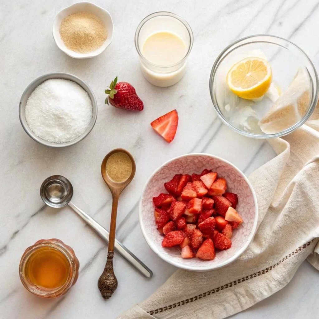 Fresh ingredients for Korean Strawberry Milk including strawberries, honey, sugar and lemon juice arranged on a modern marble surface.