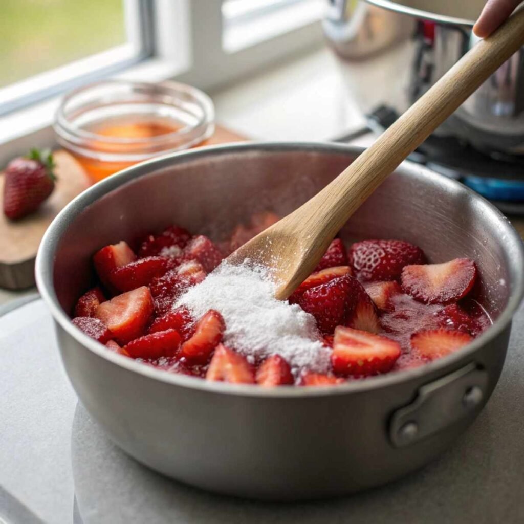 Stirring fresh chopped strawberries, sugar and honey in saucepan for Korean Strawberry Milk – step 1 showing syrup thickening