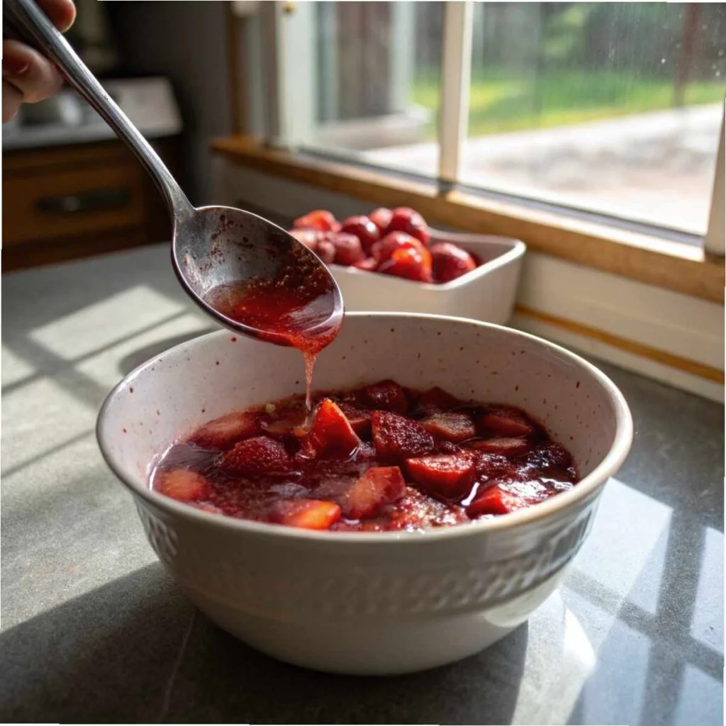 Mashing strawberry chunks in the syrup for Korean Strawberry Milk – step 2 capturing texture and juice release