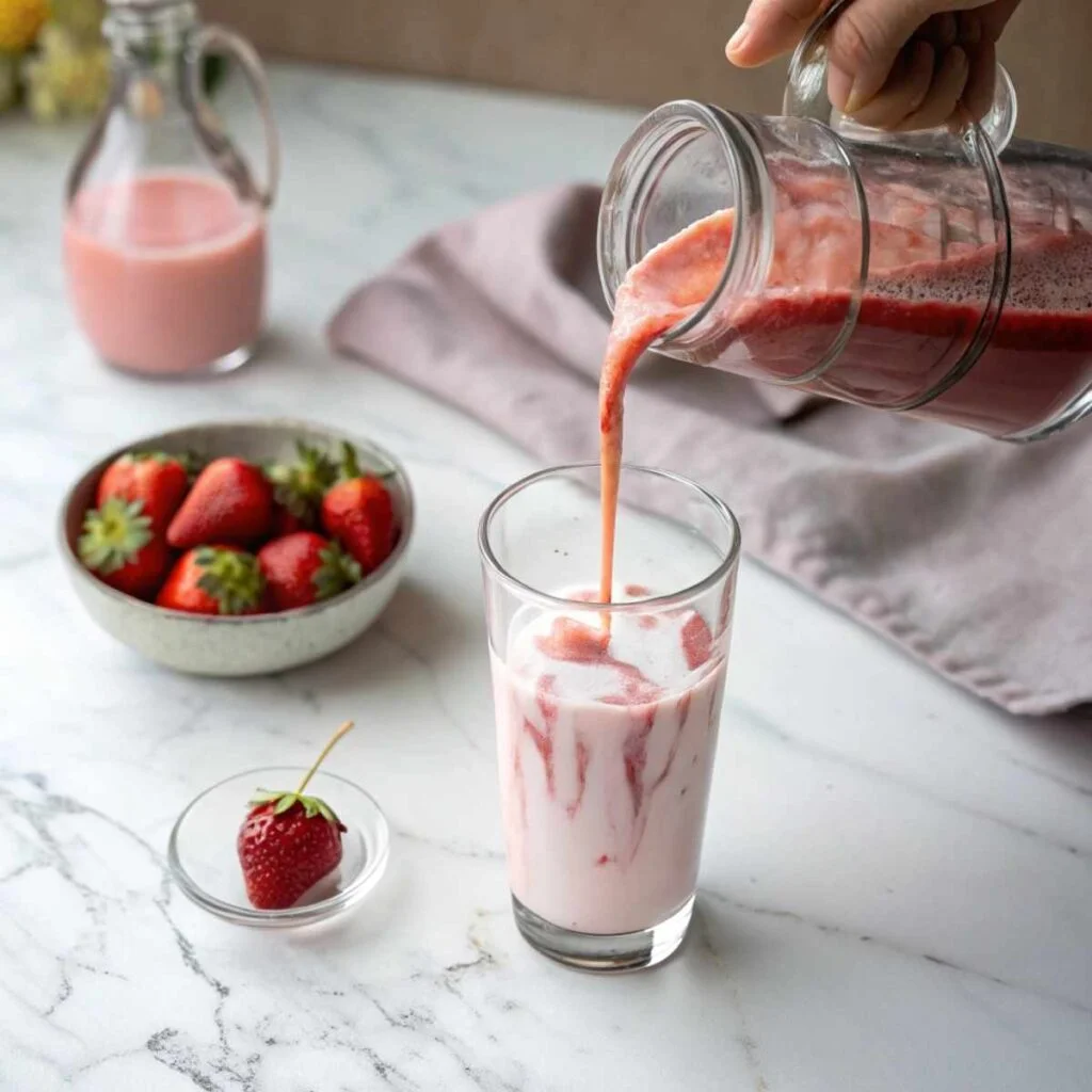 Pouring chilled strawberry syrup into milk for Korean Strawberry Milk – step 3 showing pink swirls forming