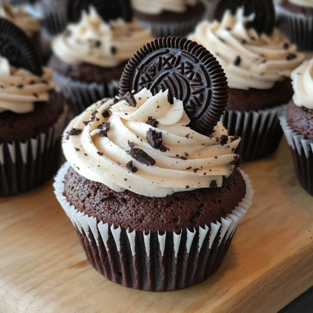 Easy Oreo Cupcakes on a modern marble countertop, showcasing their cookies and cream swirl frosting with crushed Oreos and a milk glass.