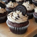 Easy Oreo Cupcakes on a modern marble countertop, showcasing their cookies and cream swirl frosting with crushed Oreos and a milk glass.