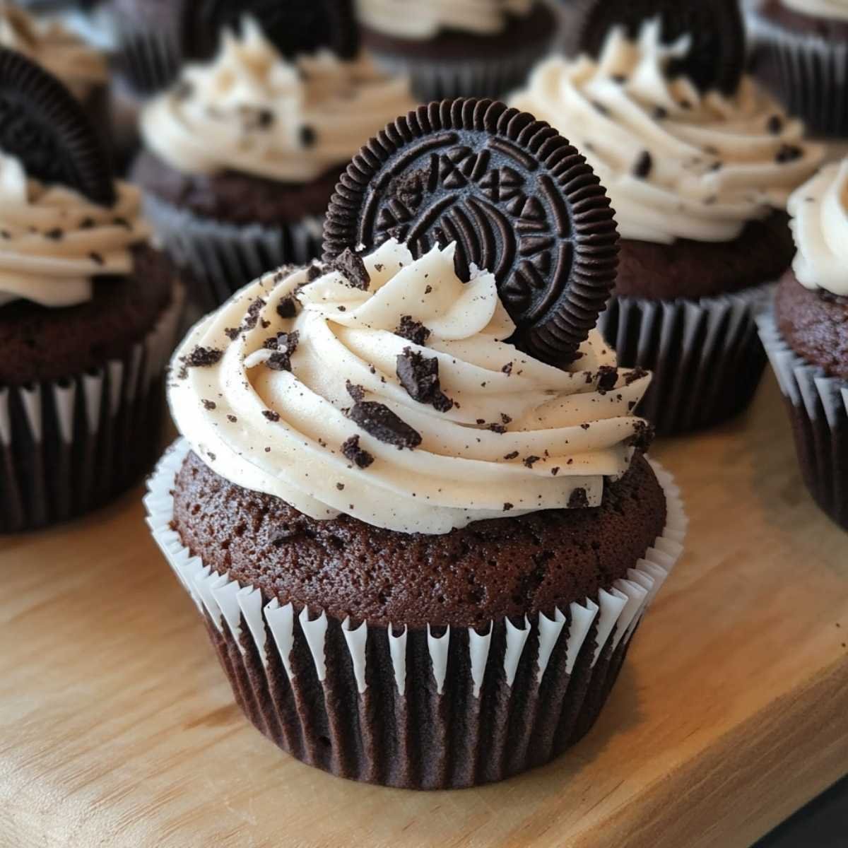 Easy Oreo Cupcakes on a modern marble countertop, showcasing their cookies and cream swirl frosting with crushed Oreos and a milk glass.