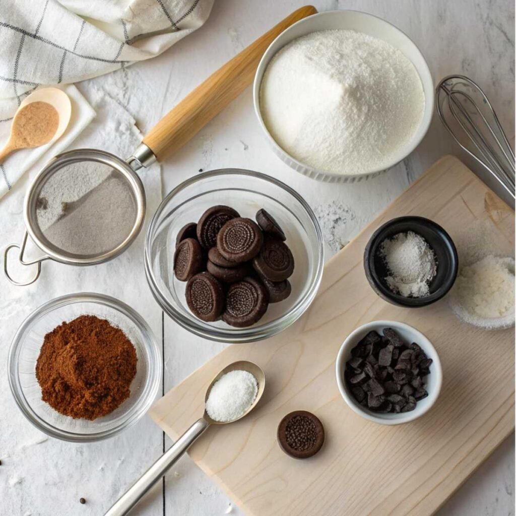 Fresh ingredients for Easy Oreo Cupcakes including cocoa powder, sugar, eggs, and crushed Oreos arranged on a marble surface.