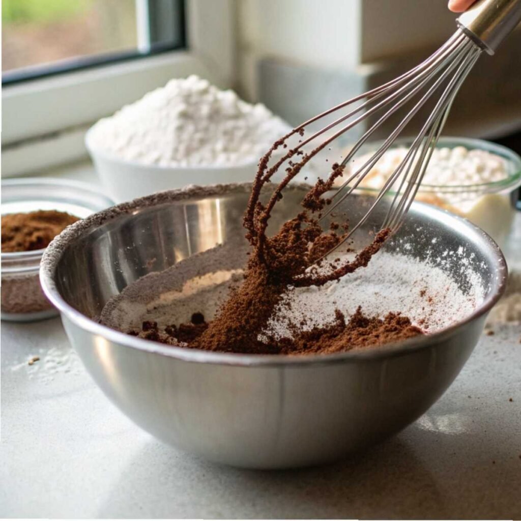 Whisking cocoa and flour for Easy Oreo Cupcakes - step 1 showing textured dry mix in motion.