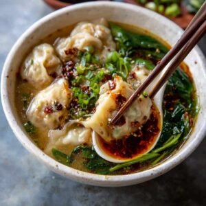 Easy Wonton Soup on a modern marble countertop, showcasing its delicate wontons and golden broth with green onions and chili oil.