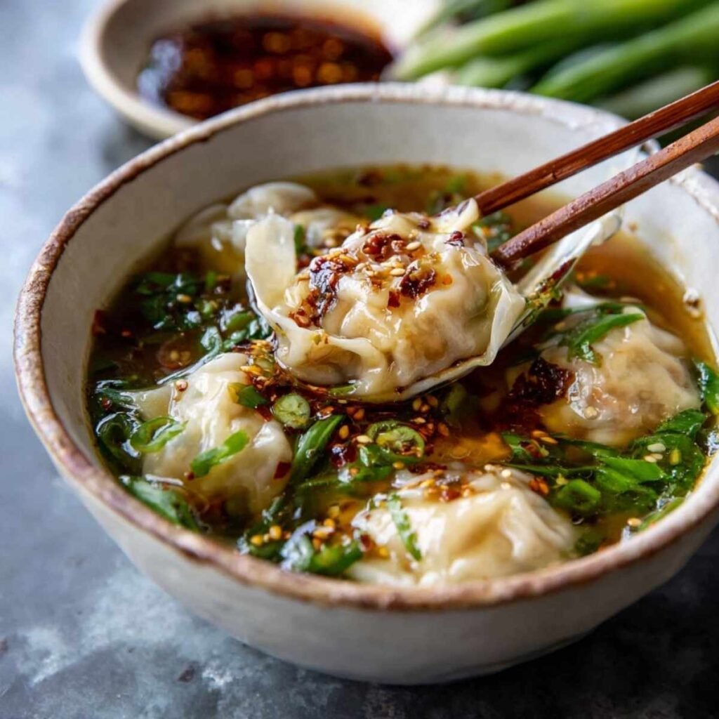 Close-up of Easy Wonton Soup showing tender pork wontons and chili oil in golden broth, garnished with green onion on ceramic bowl.