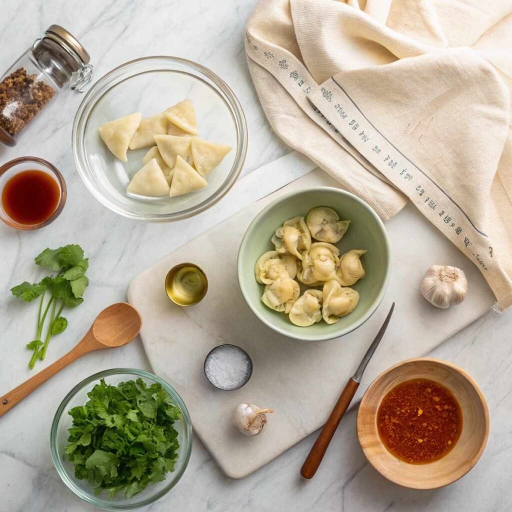 Fresh ingredients for Easy Wonton Soup including bok choy, shiitake mushrooms, garlic, and frozen wontons arranged on a marble surface.