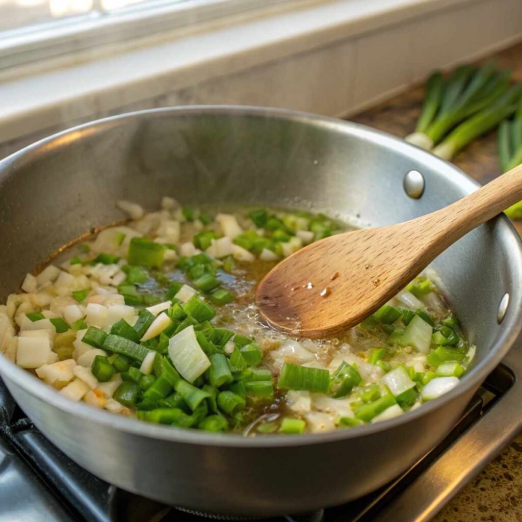 Sautéing garlic, ginger, and green onion for Easy Wonton Soup - step 1 showing aromatic base glistening in sesame oil.