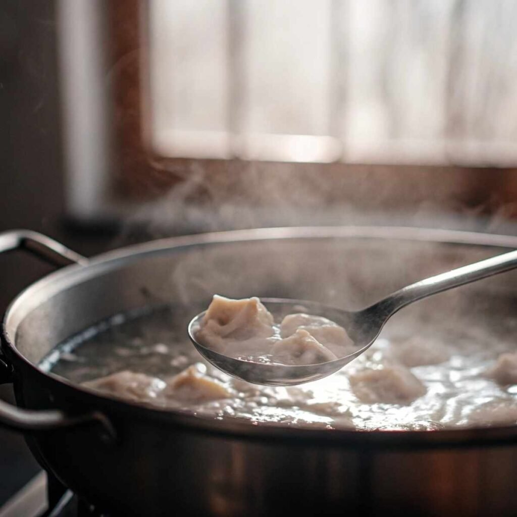 Cooking frozen wontons for Easy Wonton Soup - step 2 showing wontons floating in golden broth during gentle simmer.
