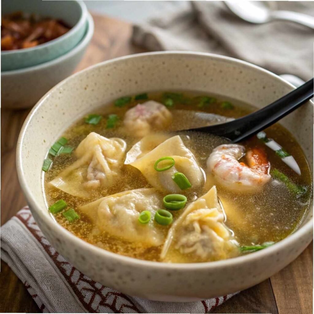 Garnishing Easy Wonton Soup with green onions and chili oil - step 3 showing final flavor and visual touch before serving.