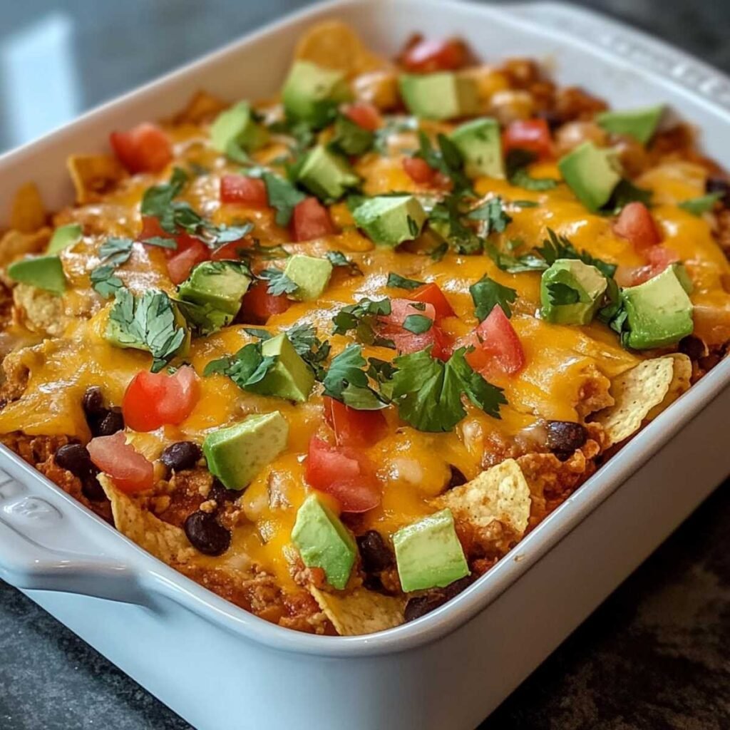 Emily’s Excellent Taco Casserole topped with melted cheddar, avocado chunks, tomatoes, and cilantro in a white baking dish on a dark counter.