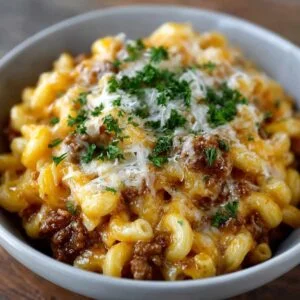 Homemade Beefaroni on a modern marble countertop, showcasing its creamy cheese-covered pasta and ground beef topped with fresh parsley.