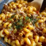 Close-up of Homemade Beefaroni showing cheesy beef sauce clinging to elbow pasta, topped with chopped parsley in a non-stick skillet.