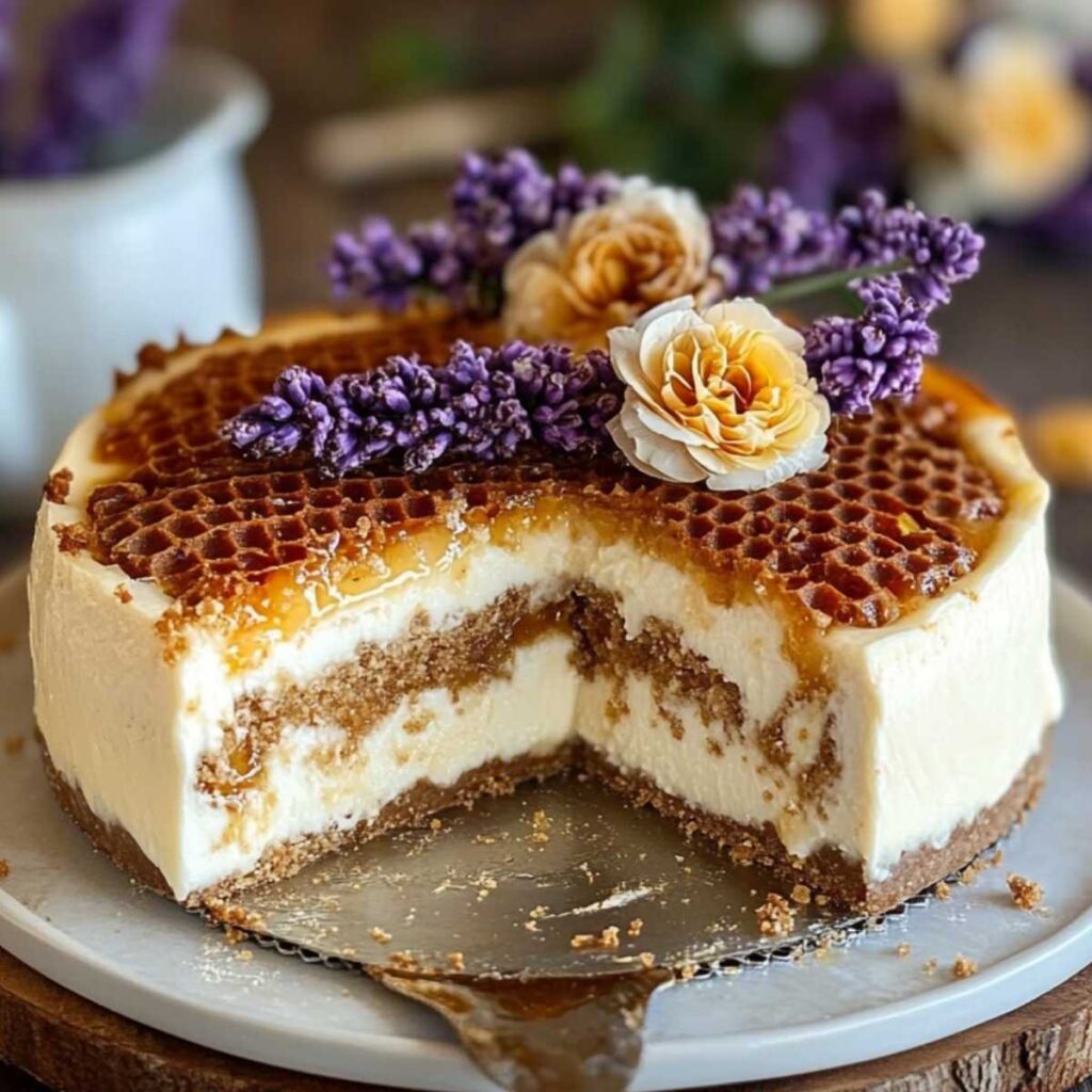 Close-up of Honeycomb Cheesecake Cake showing creamy layered texture and golden honeycomb top, garnished with fresh flowers on a rustic wooden plate.