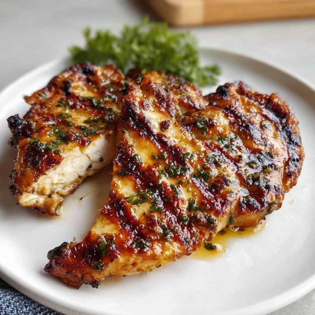 Juicy grilled chicken on a white plate, showcasing golden grill marks, glossy herb marinade, and caramelized edges with fresh parsley garnish.