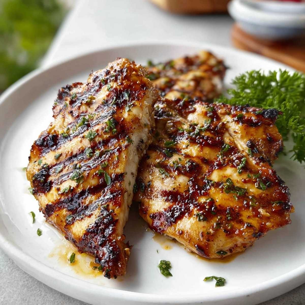 Close-up of juicy grilled chicken showing golden char lines and glistening herb marinade, served on a white ceramic plate with fresh parsley.