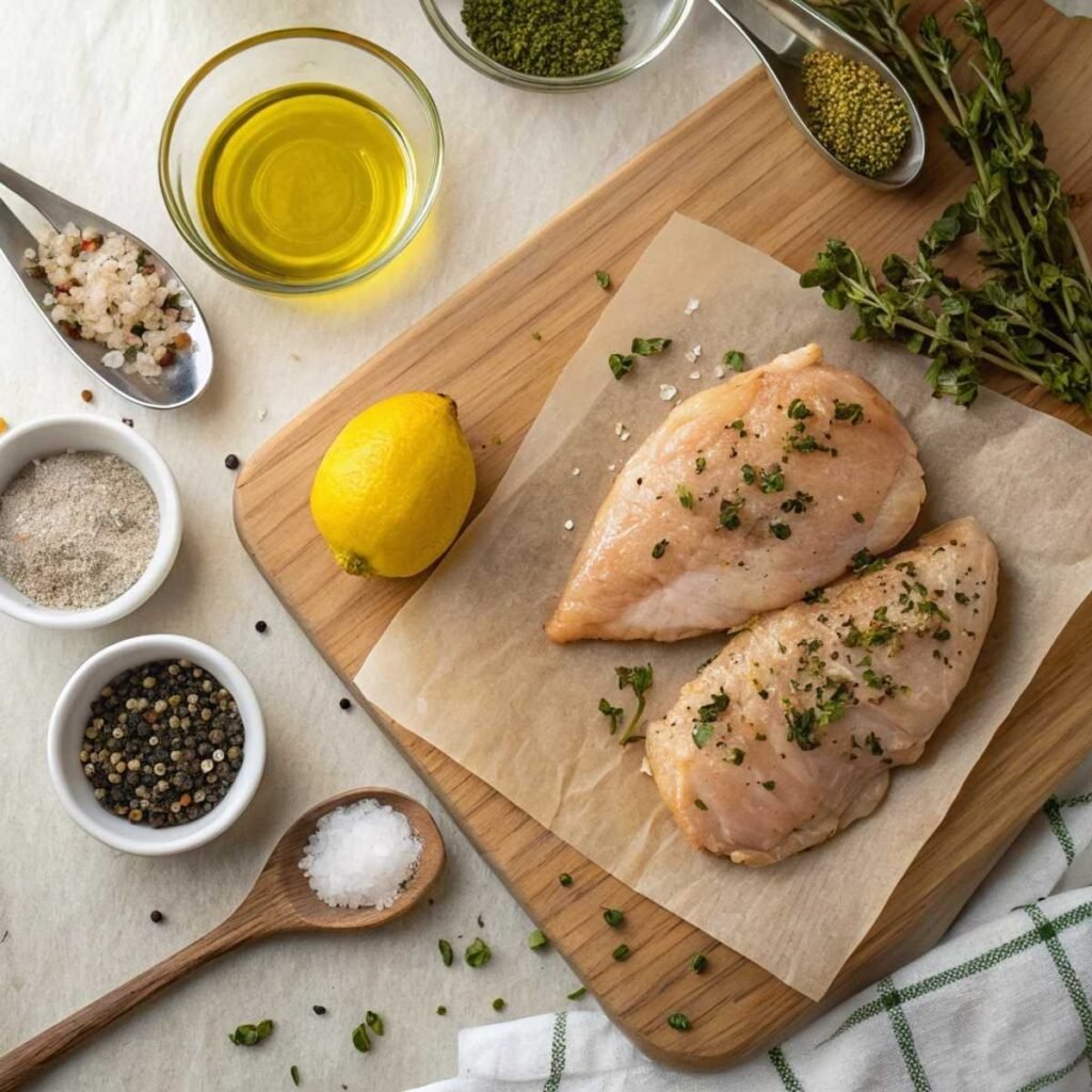Fresh ingredients for juicy grilled chicken including olive oil, lemon zest, garlic, and raw chicken breasts arranged on a marble surface.