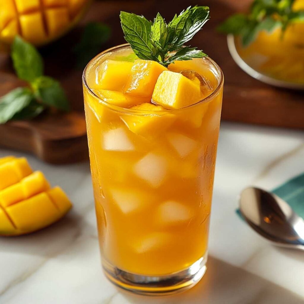 Tall glass of Mango Iced Tea with ice cubes and fresh mango chunks, garnished with mint leaves on a sunny marble countertop.
