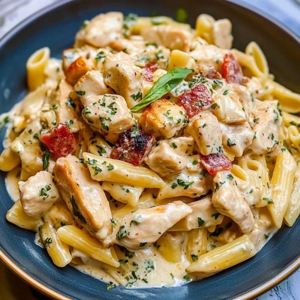 Marry Me Chicken Pasta with creamy garlic sauce, juicy chicken, sun-dried tomatoes, and penne pasta served in a dark ceramic bowl.