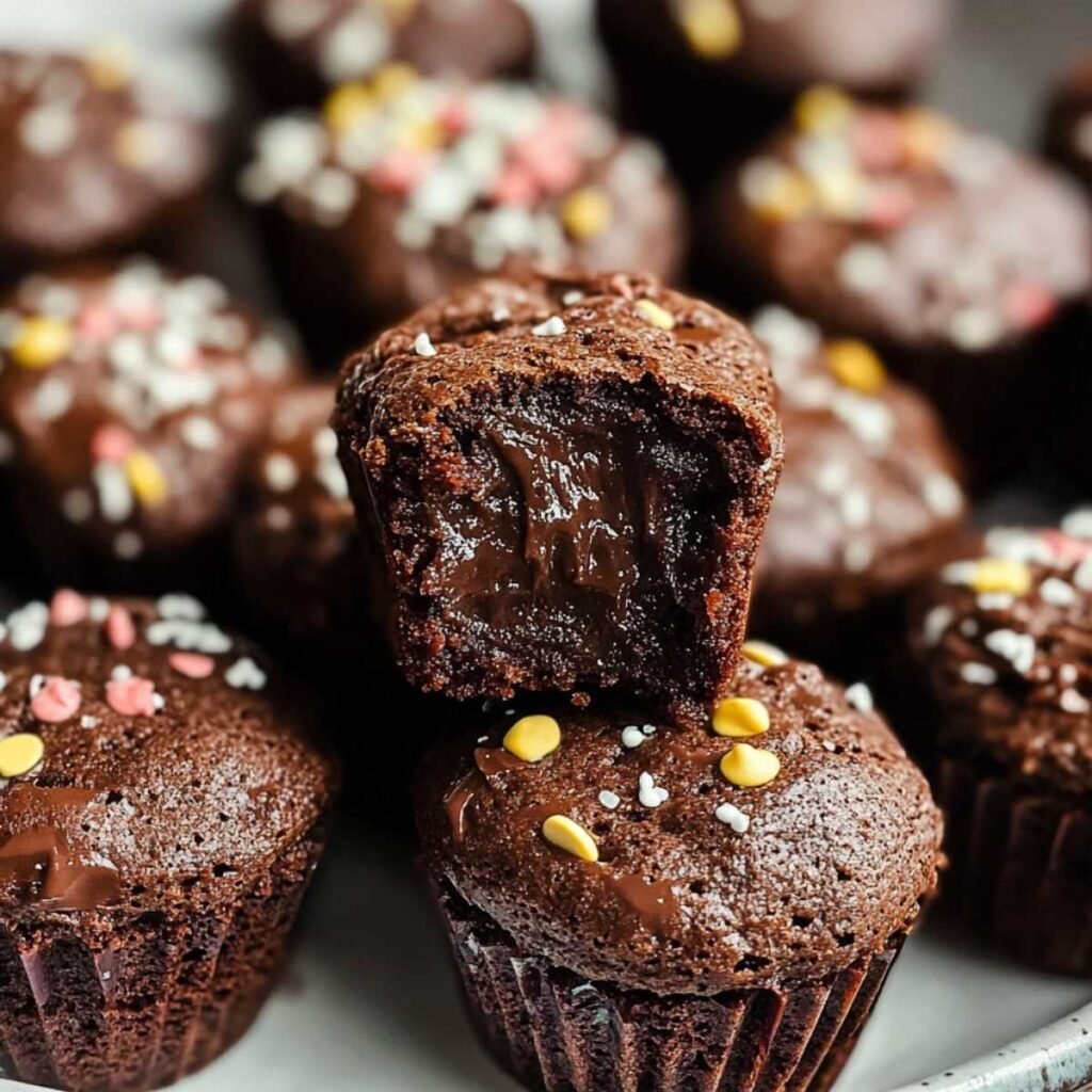 Mini Brownie Bites on a modern plate, showcasing crinkly tops and a fudgy chocolate center with colorful sprinkles on top.