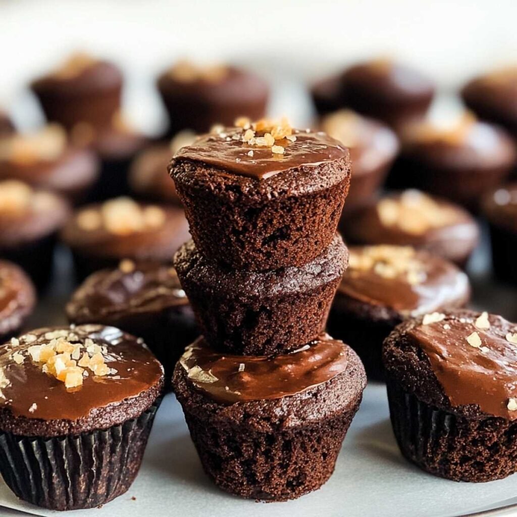 Close-up of Mini Brownie Bites showing rich chocolate glaze and moist texture, garnished with golden sugar crystals on a matte surface.