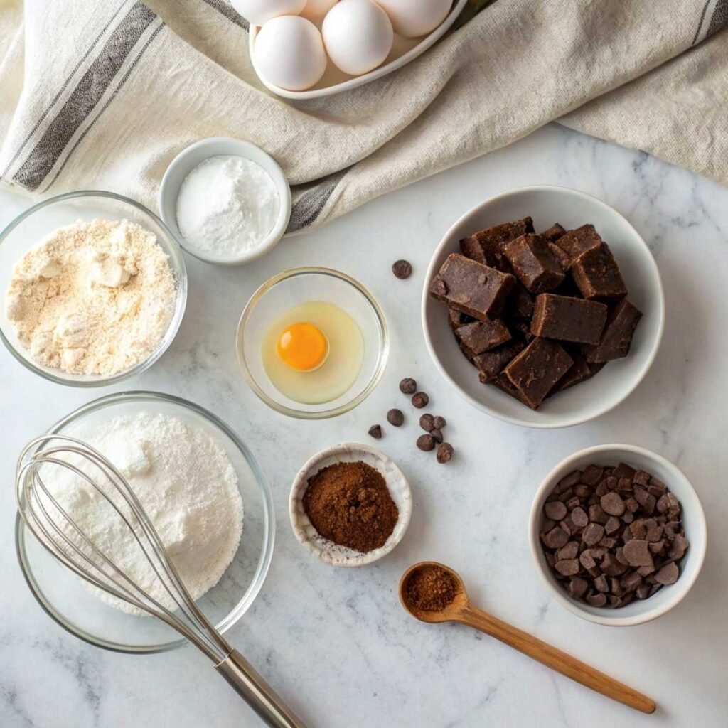 Fresh ingredients for Mini Brownie Bites including dark chocolate, cocoa powder, and mini chocolate chips arranged on a modern marble surface.