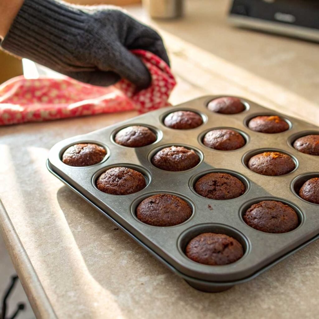 Testing doneness of Mini Brownie Bites - step 3 showing hand pressing crinkled top to check center softness after baking.