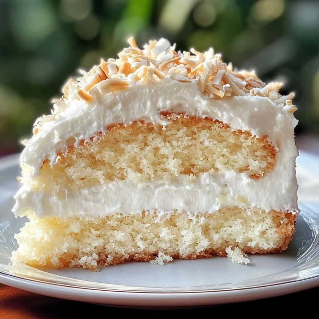 Close-up of Moist Coconut Cake showing fluffy crumb texture and thick cream cheese frosting, topped with toasted shredded coconut.