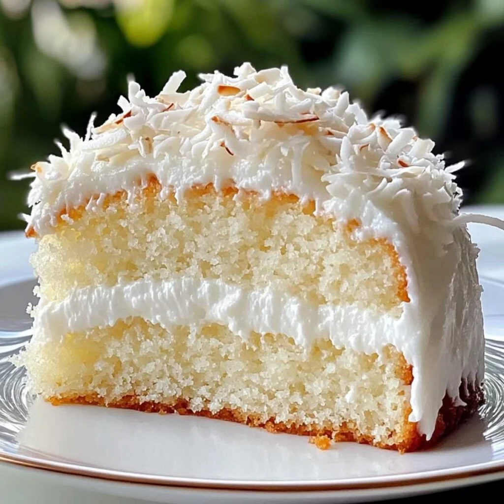 Moist Coconut Cake on a modern plate, showcasing its fluffy layers, creamy frosting, and shredded coconut topping.