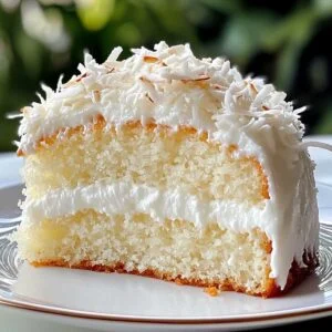Moist Coconut Cake on a modern plate, showcasing its fluffy layers, creamy frosting, and shredded coconut topping.