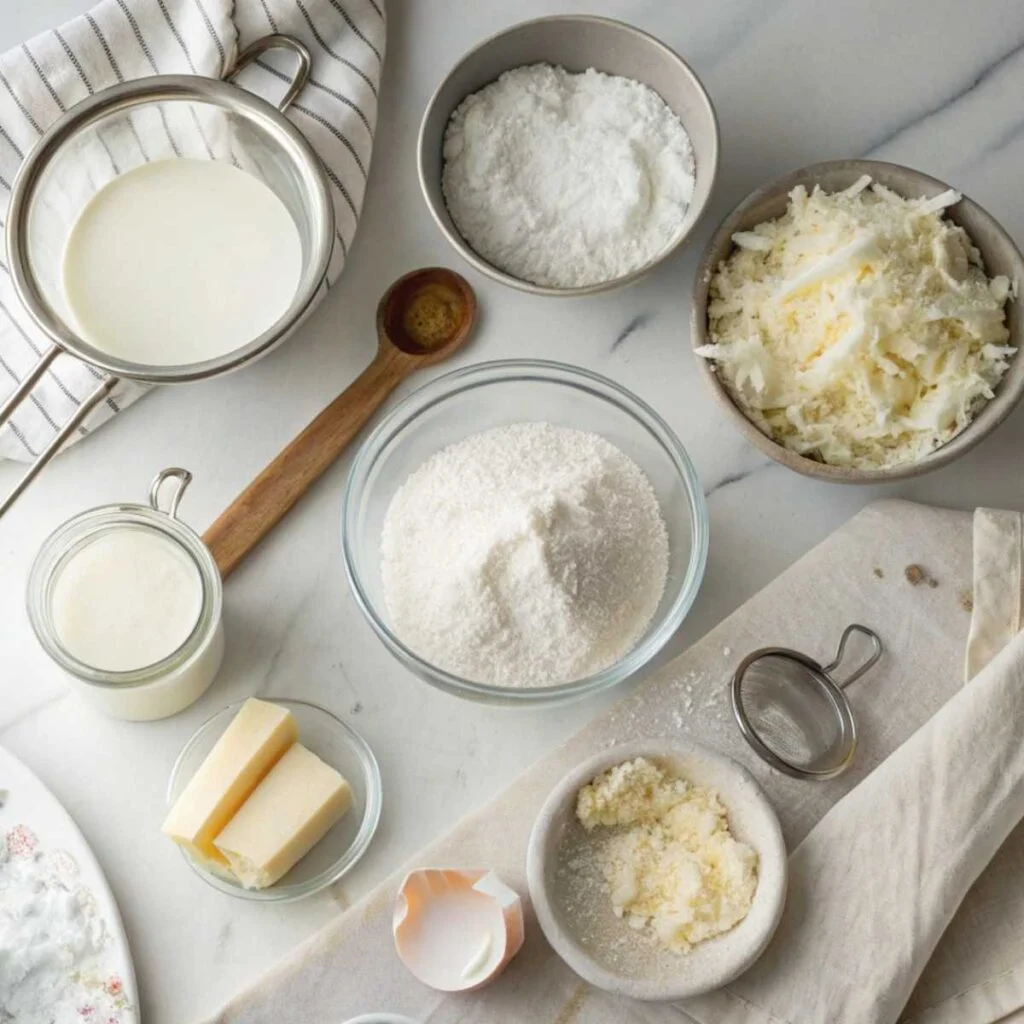 Fresh ingredients for Moist Coconut Cake including coconut milk, shredded coconut, and cream cheese arranged on a modern marble surface.