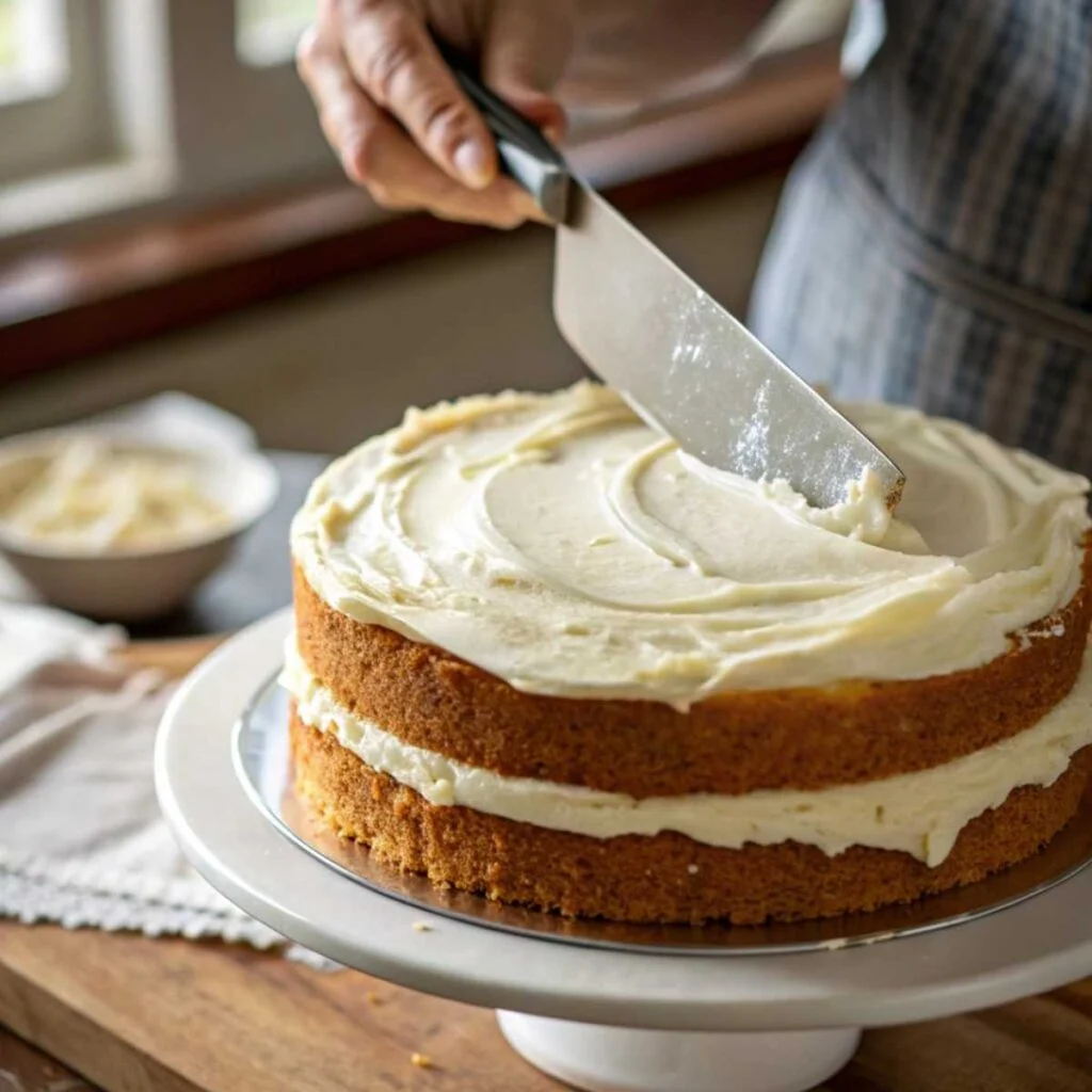 Spreading cream cheese frosting for Moist Coconut Cake - step 10 showing thick white frosting and offset spatula in action.