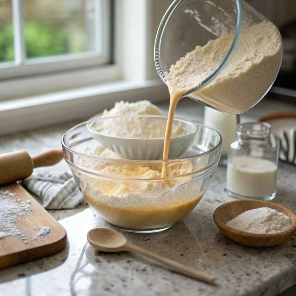 Combining wet and dry ingredients for Moist Coconut Cake - step 5 showing batter beginning to form.
