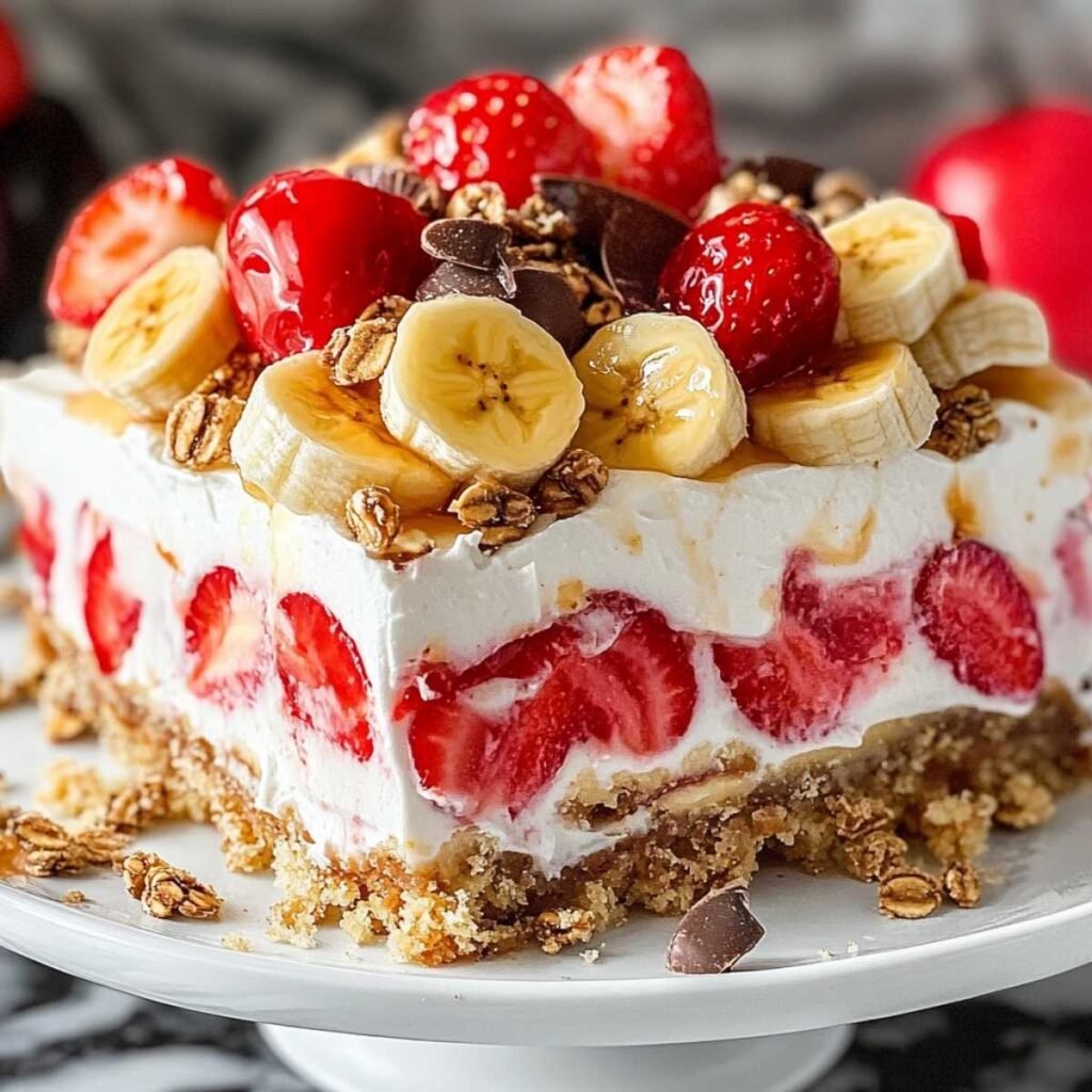 No-Bake Banana Split Cake layered with whipped cream, strawberries, bananas, crushed cookies, granola, and chocolate on a white cake plate.