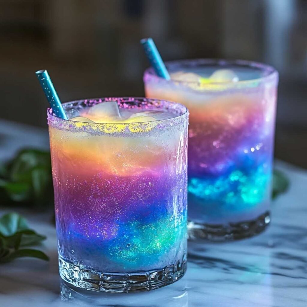 Northern Lights Glow Punch in glittery rainbow layers of blue, purple, and gold served in frosty glasses with glowing ice and blue straws.