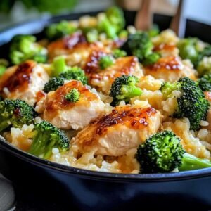 One Pan Chicken Broccoli Rice Casserole on a modern marble countertop, showcasing its golden seared chicken and vibrant broccoli florets.